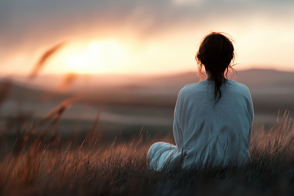 Une proche aidante prend un moment de répit en regardant un lever de soleil dans un champ