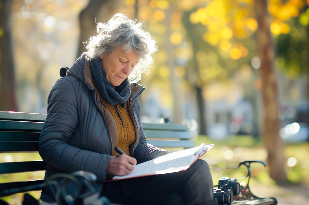Vieille dame assise sur un banc dans un parc. Elle écrit sur un bloc-note.