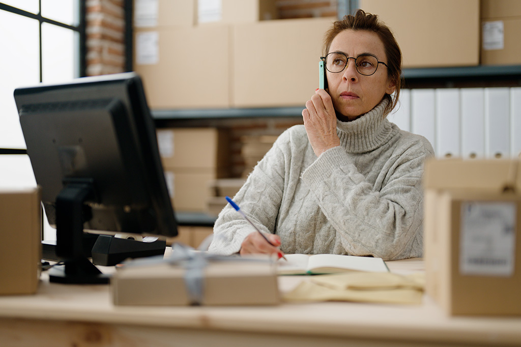 Femme occupée à son bureau tenant un téléphone contre son oreille et un crayon dans son autre main