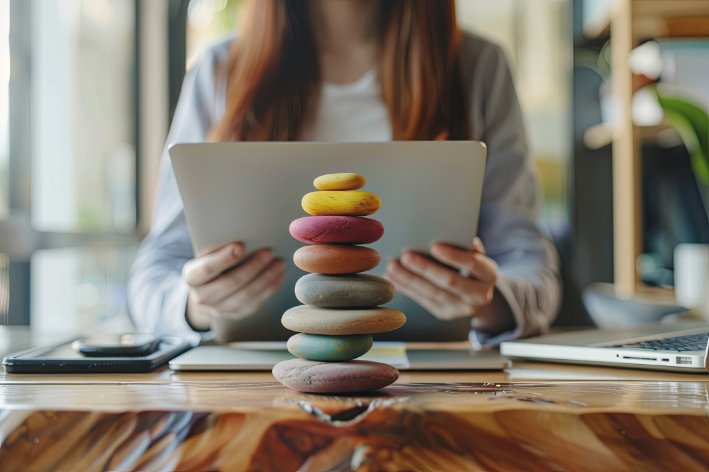 Une femme assise au bureau lit sa tableau devant une pile de roches colorées